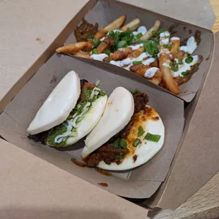 Bulgogi and pork carnitas bao and mapo tofu fries