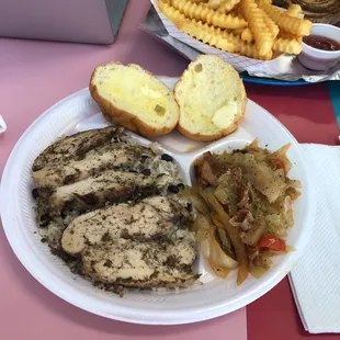 CarribeanJerk Chicken w/black beans &amp; rice w/braised cabbage &amp; carrots!