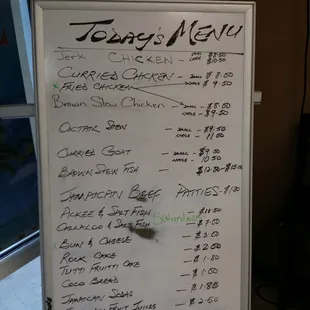 a menu on a white board