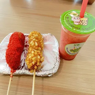 Hot Cheeto corndog/ Potato corndog / strawberry slush