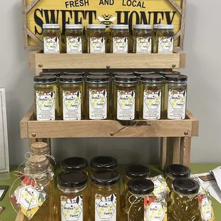 Local, raw and organic honey for sale at the front desk!