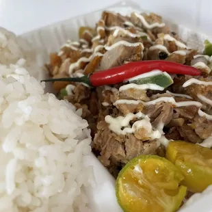 a plate of rice, meat and vegetables