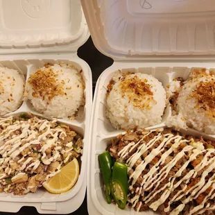 Chicken (left) and pork (right) sisig with garlic rice