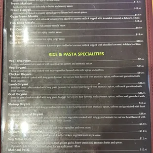 January 2025 menu of seafoods, rices, and pastas