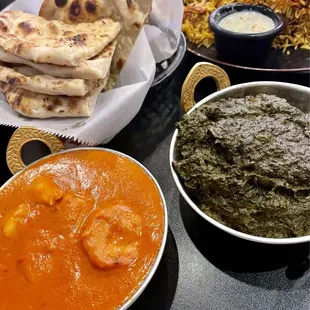 Garlic &amp; butter naan, vegetable biryani, Saag Aloo, Shrimp Tikka Masala