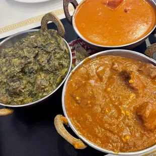Palak Aloo, Chicken Tikka Masala, Lamb Rogan Josh
