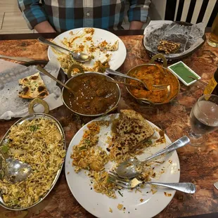 Garlic Naan, Lamb Curry, Fish Tikka Masala, Aloo Paratha, Egg Fried Rice