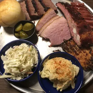 Beef brisket, rib, ham, chicken, Cole slaw, potato salad