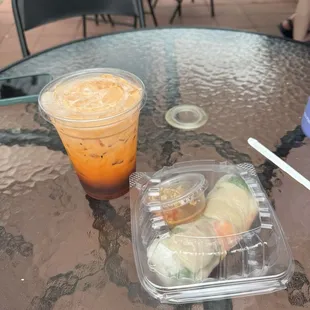 Thai Tea and steamed pork and shrimp spring roll