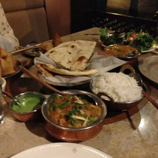 Heaven on earth!  Baingan bharta  shrimp korma. Naan