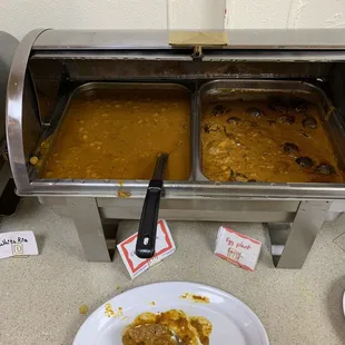 two pans of food on a table