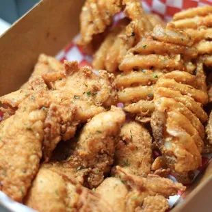 Chicken strips and waffle fries