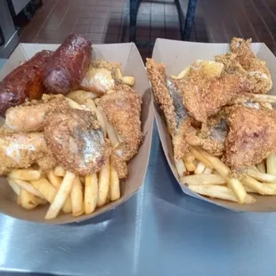 Fish and fries sausage and fries