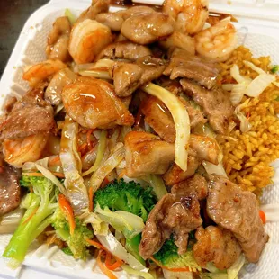 Chicken,beef and shrimp