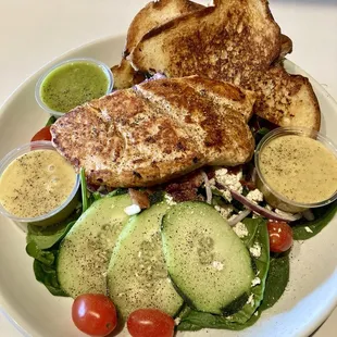 Salmon spinach salad!! So good!!! You can never go wrong with this one! Ultimate veggie sandwich is great too as well as the blue burger