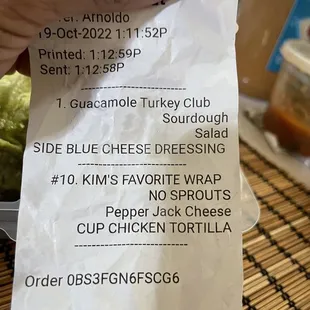 Receipt for our order