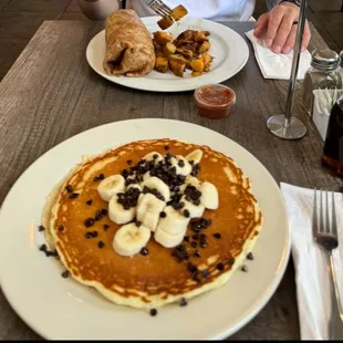 Chocolate chip banana pancake and California burrito