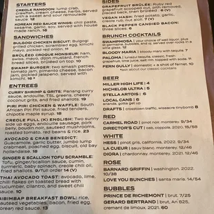 Sunday Night Brunch Menu