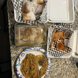 Crawfish Etouffee, Bourbon Chicken, Beignets. Including tip, $50.