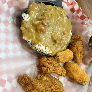 Swamp chicken with crawfish etouffee (fries were unavailable at the time)