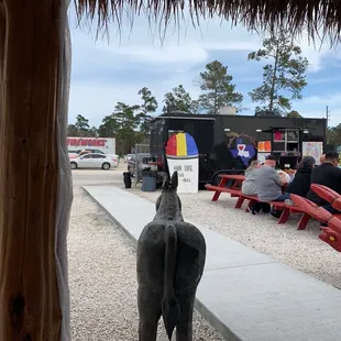 a horse standing in front of a food truck