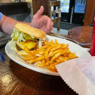 a plate of fries and a burger