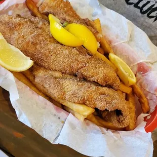 Fried catfish and Cajun fries.