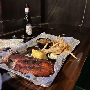 Ribs, fries, jambalaya, corn bread, Cole Slaw