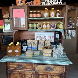 Local honey and jams for sale in the little store