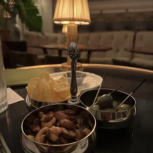 Bar snacks under fancy light