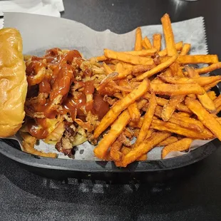 Pulled pork sandwich with sweet potato fries