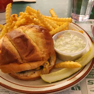 Mushroom burger, fries, Cole slaw, &amp; pickle.