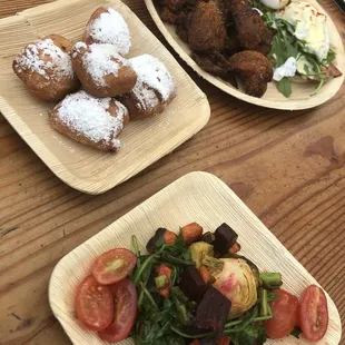 Veggie Hash, Beignets, Eggs Benedict w breakfast potatoes