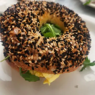 Breakfast sandwich on an everything bagel