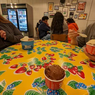 Ice cream, including the three-scoop split bowl.
