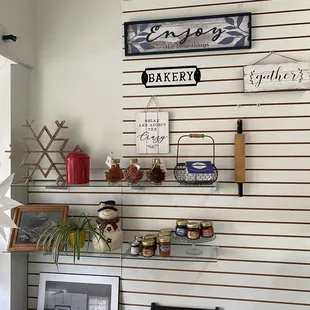 a shelf with jars and jars