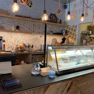 a counter with a display case