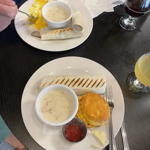 Saturday Brunch: Sausage Dippers and a Green Chili Burrito with Sweat Potato Biscuit and Sand plum Jelly.