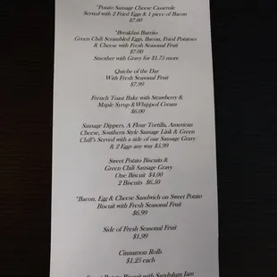Brunch menu for Saturday&apos;s and Sunday&apos;s.