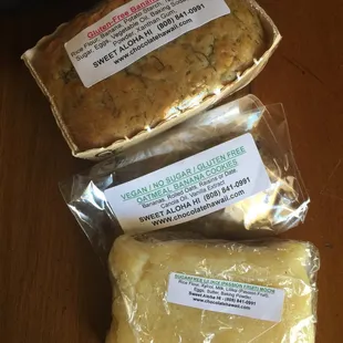 Goodies!  Gluten Free Banana Bread  Vegan/No Sugar/ Gluten Free Oatmeal Banana Cookies  Sugar Free Lilikoi Mochi