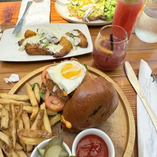 Crispy Chicken Sandwich &amp; maduros &amp; Avocado Toast with watermelon and passion fruit juice and sangria