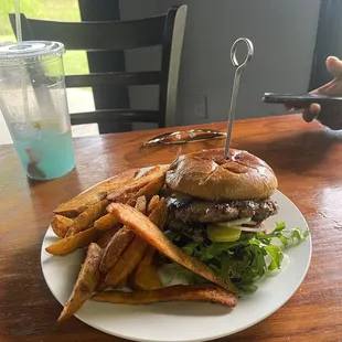 a hamburger and fries