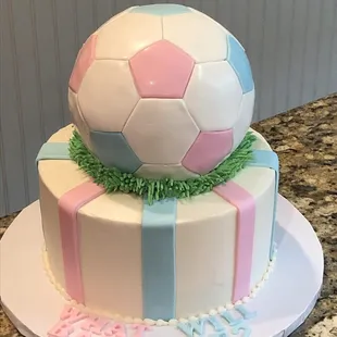 Soccer theme gender reveal cake
