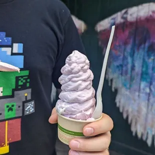 Vanilla soft serve mixed with fresh frozen raspberries