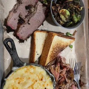 2 Meat Combo Plate with pulled pork, brisket, Mac and cheese, Brussel sprouts