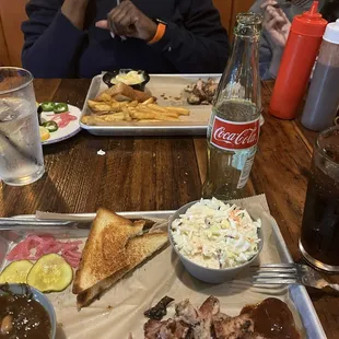 Pulled Chicken plate with Bourbon Beans and Coleslaw.