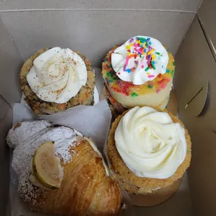 Close up of guava croissant, mini guava cake, mini carrot cake, and mini birthday cake