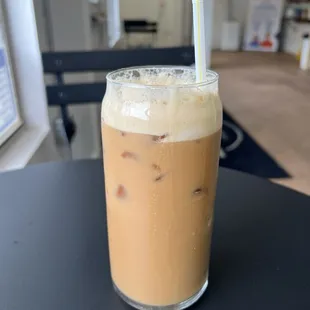 Iced vanilla latte with almond milk.