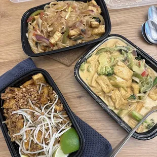 Pad Kee Mao, Pad Thai, and Green Curry