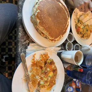 Denver Omelet, well done hash browns, and amazing huge pancakes